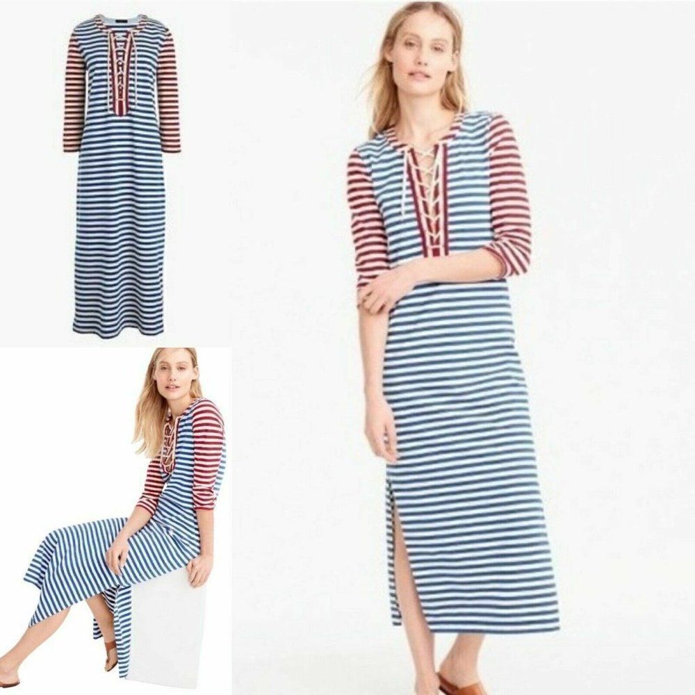 J. Crew Nautical Maxi Dress Small Striped Lace Up Lace Neck Sailor